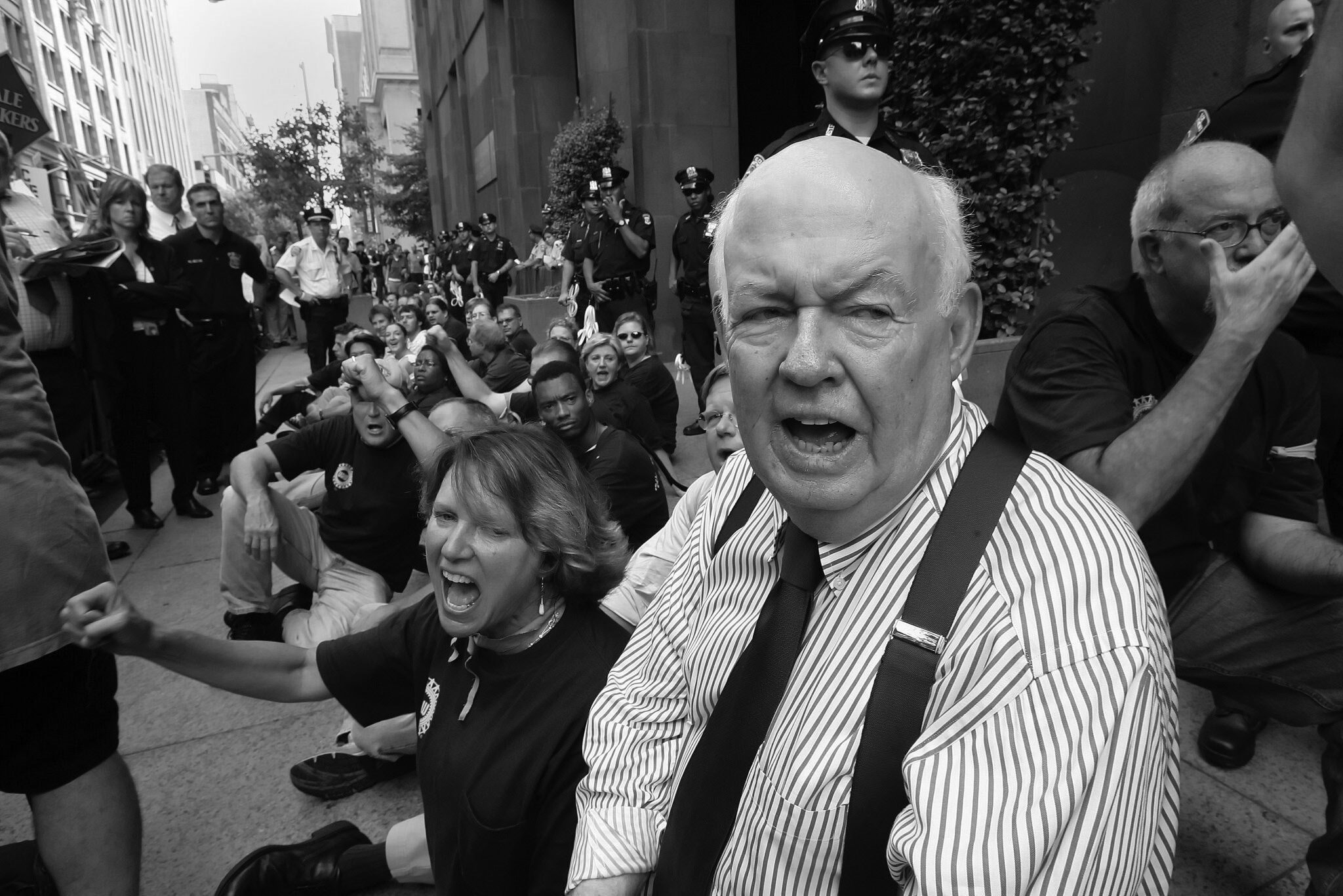 John Sweeney in 2005 at New York University in Manhattan during a protest by graduate assistants in a contract dispute. One of his priorities  was to expand labor’s rank-and-file. Credit: James Estrin/The New York Times